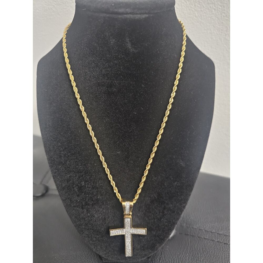 18in. Gold Plated steel Rope Chain with Gold-Plated baguette Cross Pendant Charm